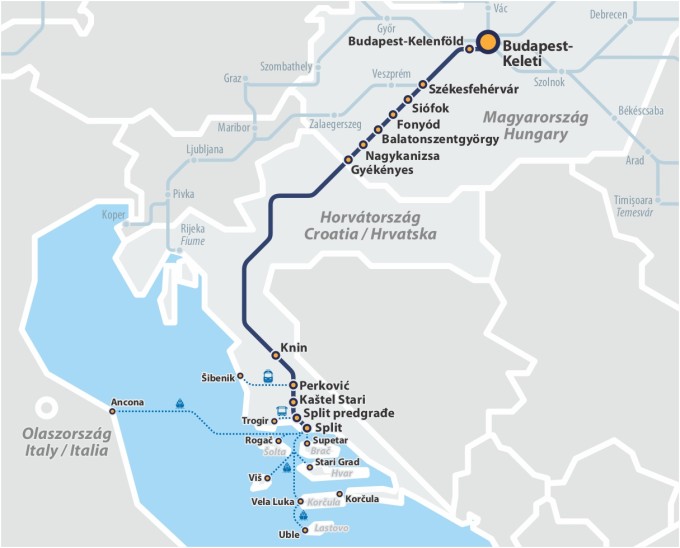 Térkép az Adria InterCity vonat közlekedéséről, csatlakozási lehetőségekről Térkép az Adria InterCity vonat közlekedéséről, csatlakozási lehetőségekről