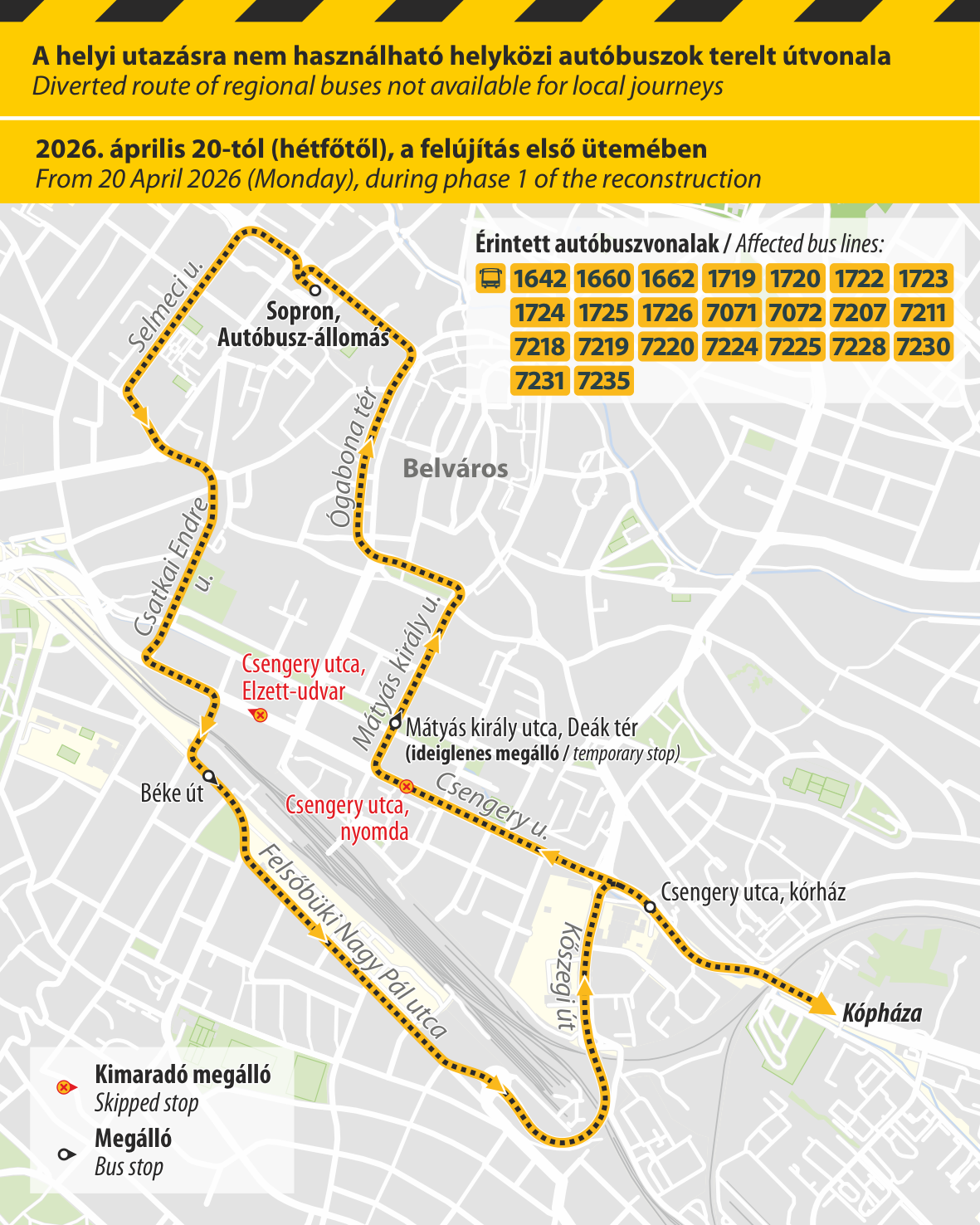 A helyi utazásra nem használható helyközi autóbuszok terelt útvonala A helyi utazásra nem használható helyközi autóbuszok terelt útvonala